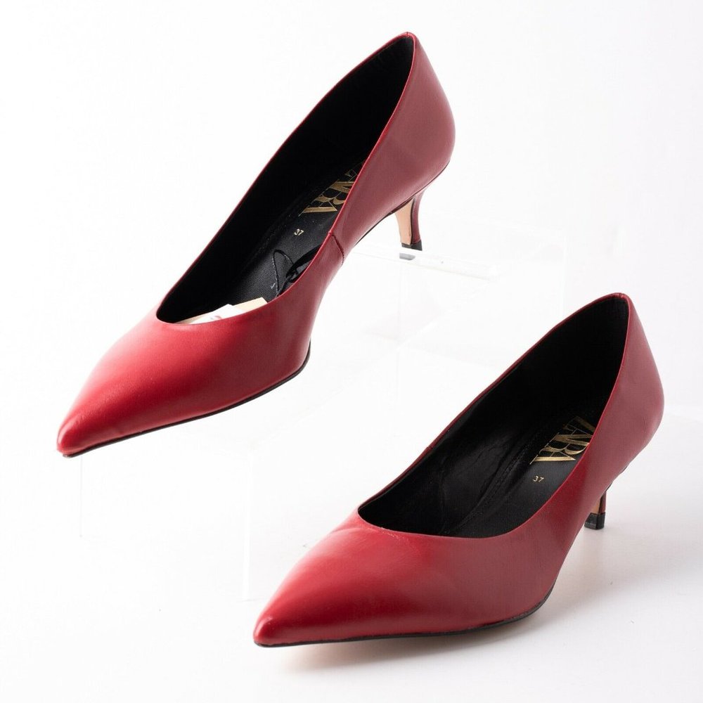 Zara Womens Red Leather Kitten Heels Pumps Shoes - Picture 1 of 9